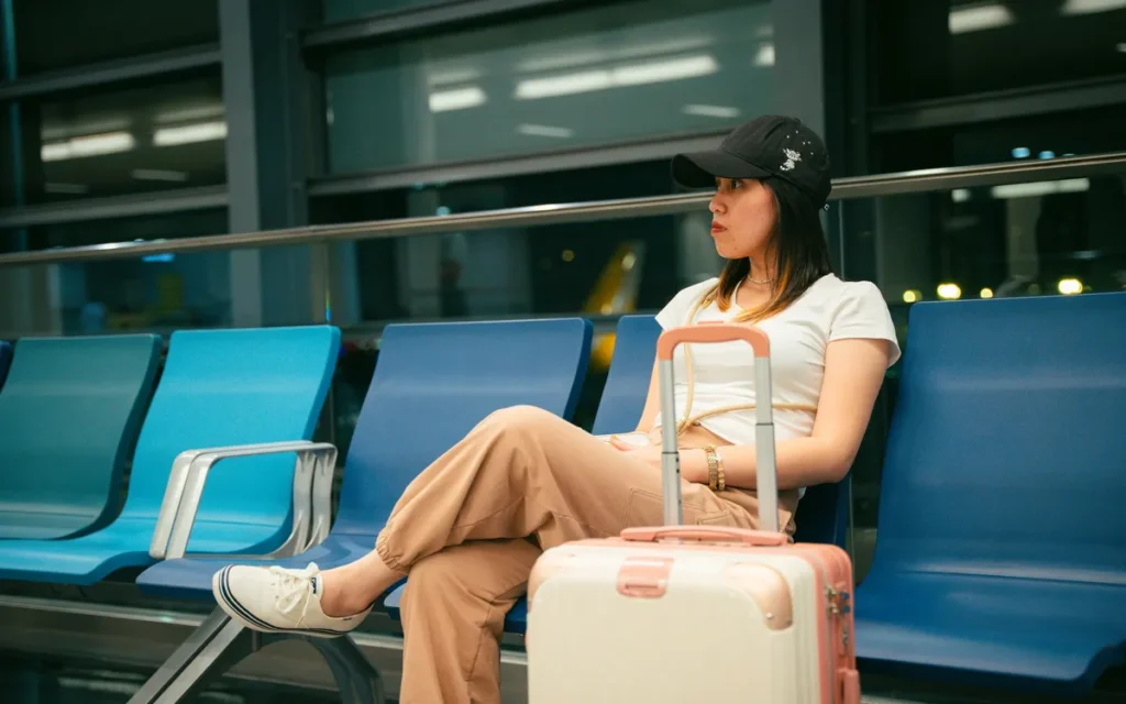 Vrouw met koffer zit 's avonds moe te wachten in een lege wachtruimte op een luchthaven